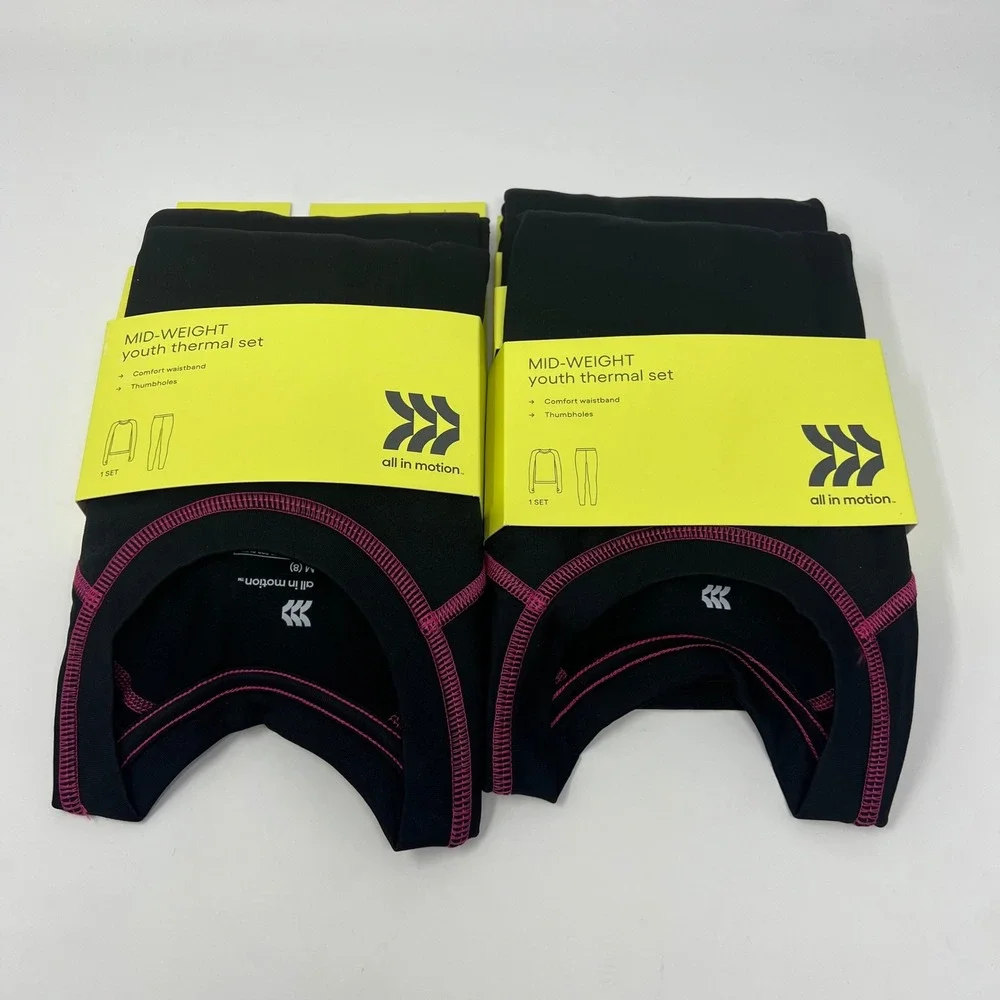 All In Motion Mid-Weight Thermal Set Youth M 8 Black Thumbholes 2pc Base Layer